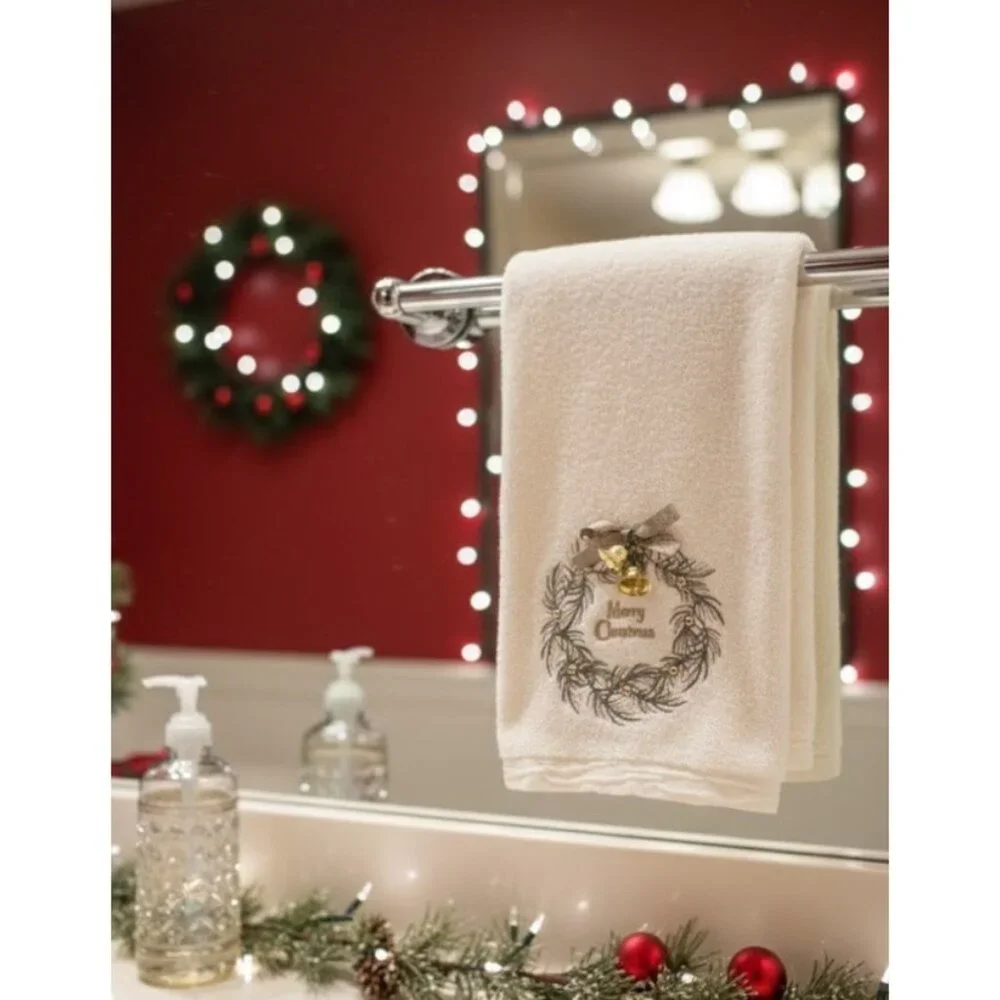 GLITZ + GLIMMER Christmas Hand Towel Wreath Gold Bells Cream Embroidered Holiday